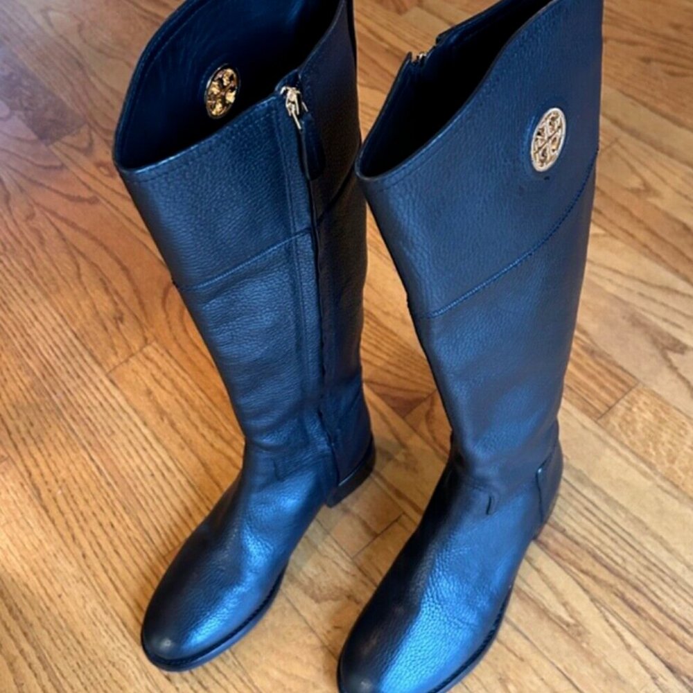Tory Burch Black Leather Tall Riding Boots with Gold Logo - Picture 6 of 14